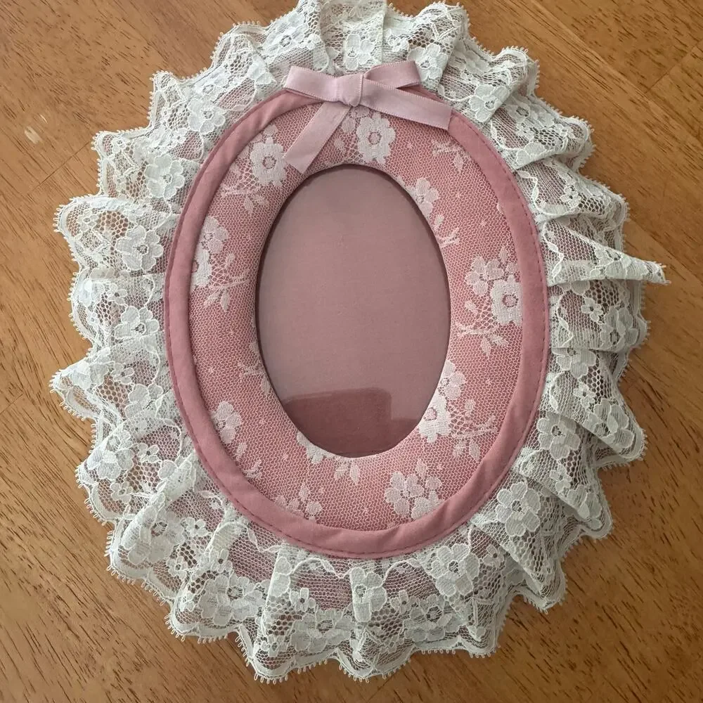 Vintage 90s Satin and Lace Oval Easel Frames Pink Ivory Romantic Cottage Core